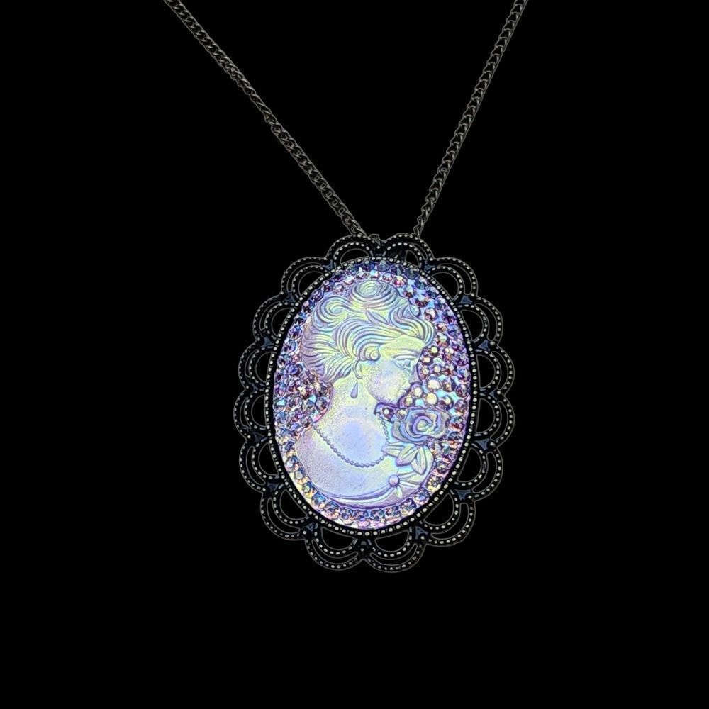 Vintage Cameo Necklace Brooch Iridescent 19" Victorian Goth